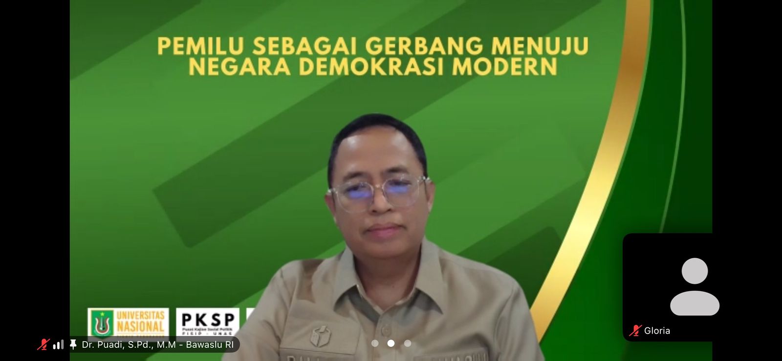 Anggota Bawaslu Puadi dalam Seminar Fisip Universitas Nasiona (Unas) secara daring, Kamis (12/2/2026).